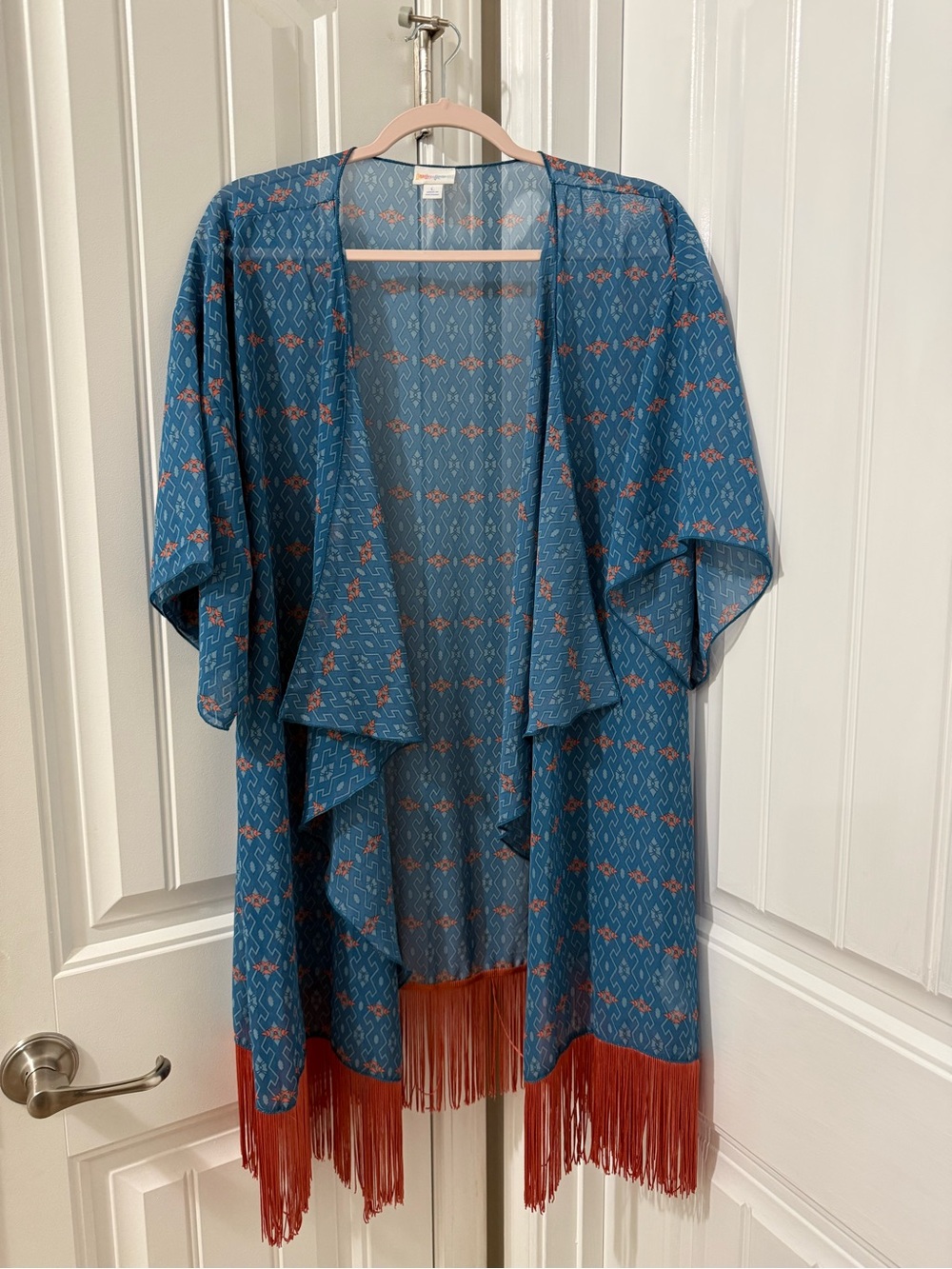 LuLaRoe Blue Patterned Fringe Kimono with Rust Trim
